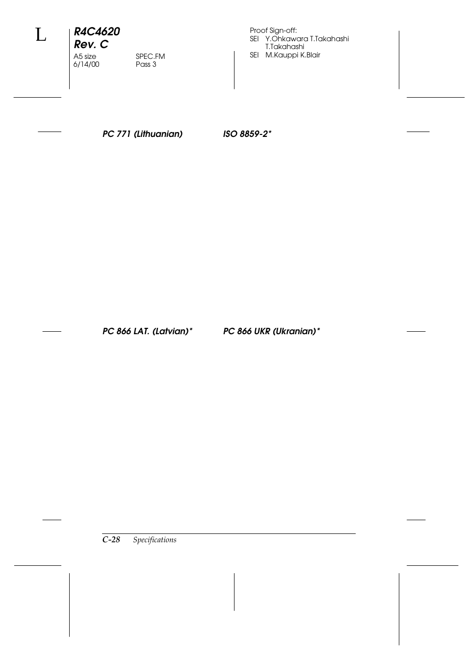 Pc 771 (lithuanian) iso 8859-2, Pc 866 lat. (latvian)* pc 866 ukr (ukranian) | Epson 24-Pin User Manual | Page 222 / 249