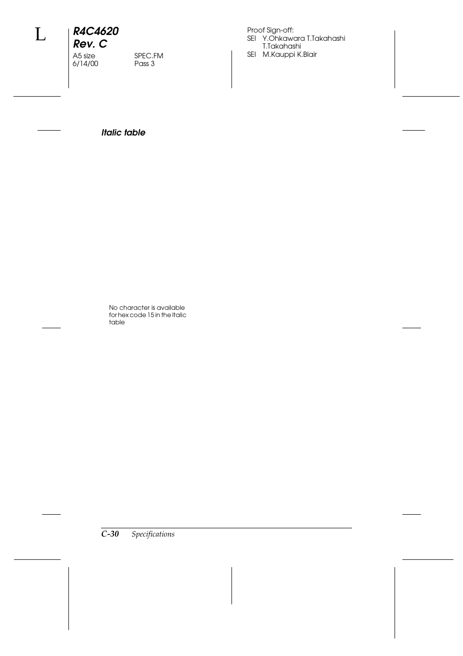 Italic table | Epson 24-Pin User Manual | Page 224 / 249