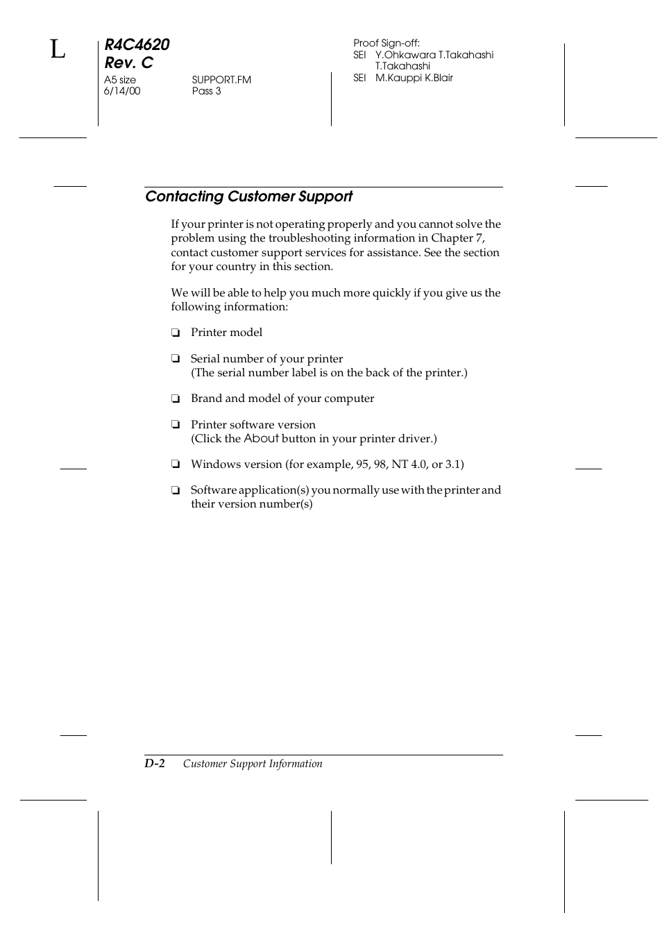 Contacting customer support | Epson 24-Pin User Manual | Page 228 / 249