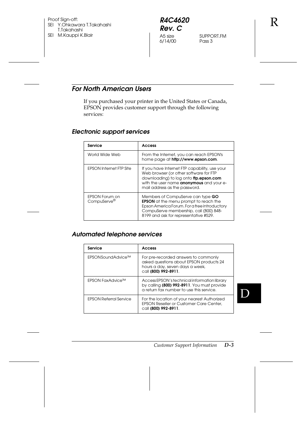 For north american users, Electronic support services, Automated telephone services | Epson 24-Pin User Manual | Page 229 / 249