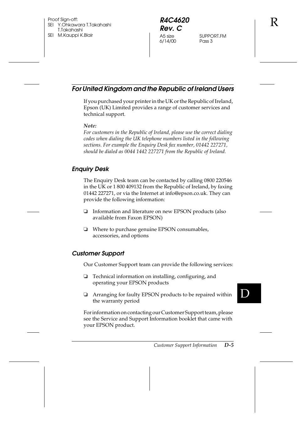 Enquiry desk, Customer support | Epson 24-Pin User Manual | Page 231 / 249