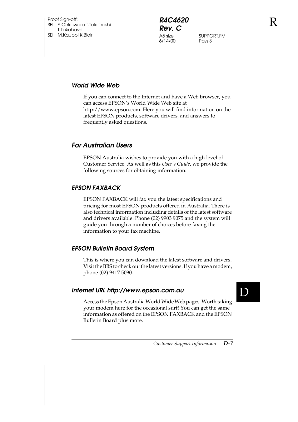 World wide web, For australian users, Epson faxback | Epson bulletin board system, Internet url http://www.epson.com.au | Epson 24-Pin User Manual | Page 233 / 249