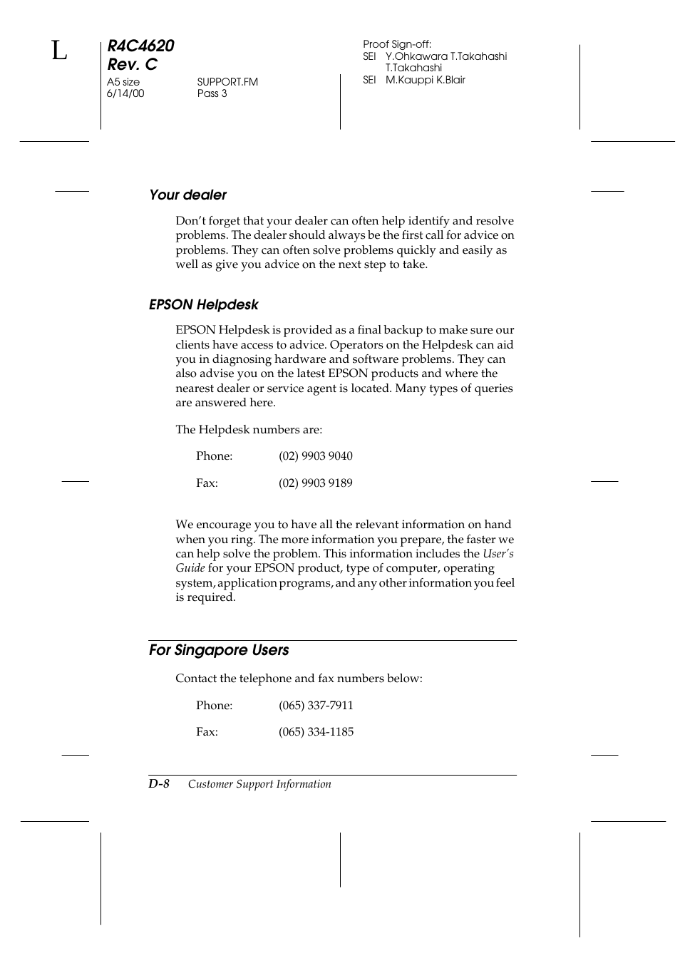 Your dealer, Epson helpdesk, For singapore users | Epson 24-Pin User Manual | Page 234 / 249