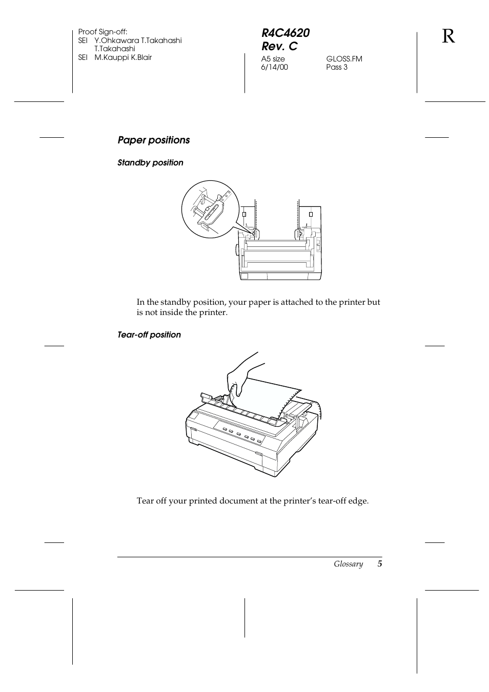 Paper positions, Standby position, Tear-off position | Epson 24-Pin User Manual | Page 241 / 249