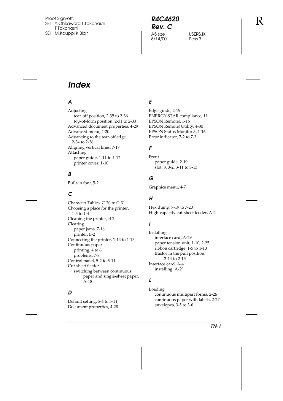 Index | Epson 24-Pin User Manual | Page 243 / 249