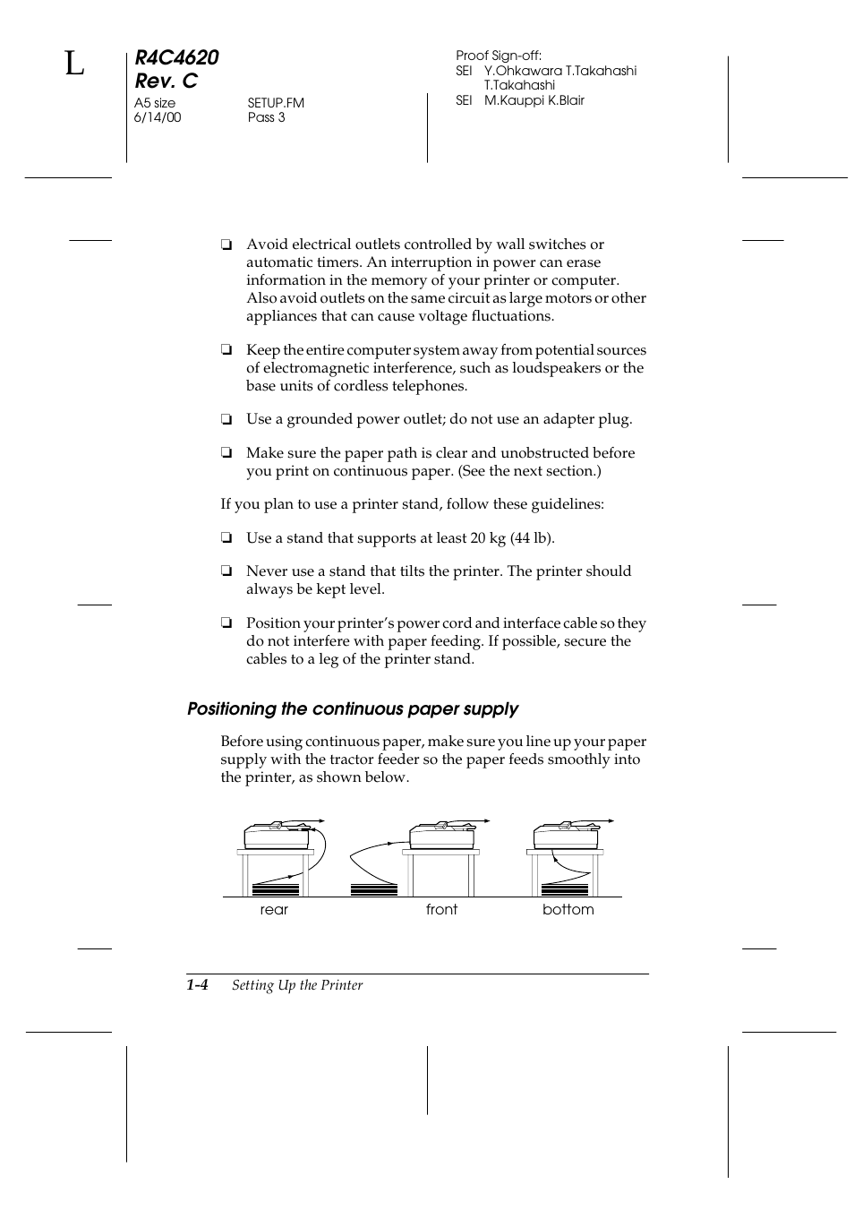 Positioning the continuous paper supply, Positioning the continuous paper supply -4 | Epson 24-Pin User Manual | Page 28 / 249