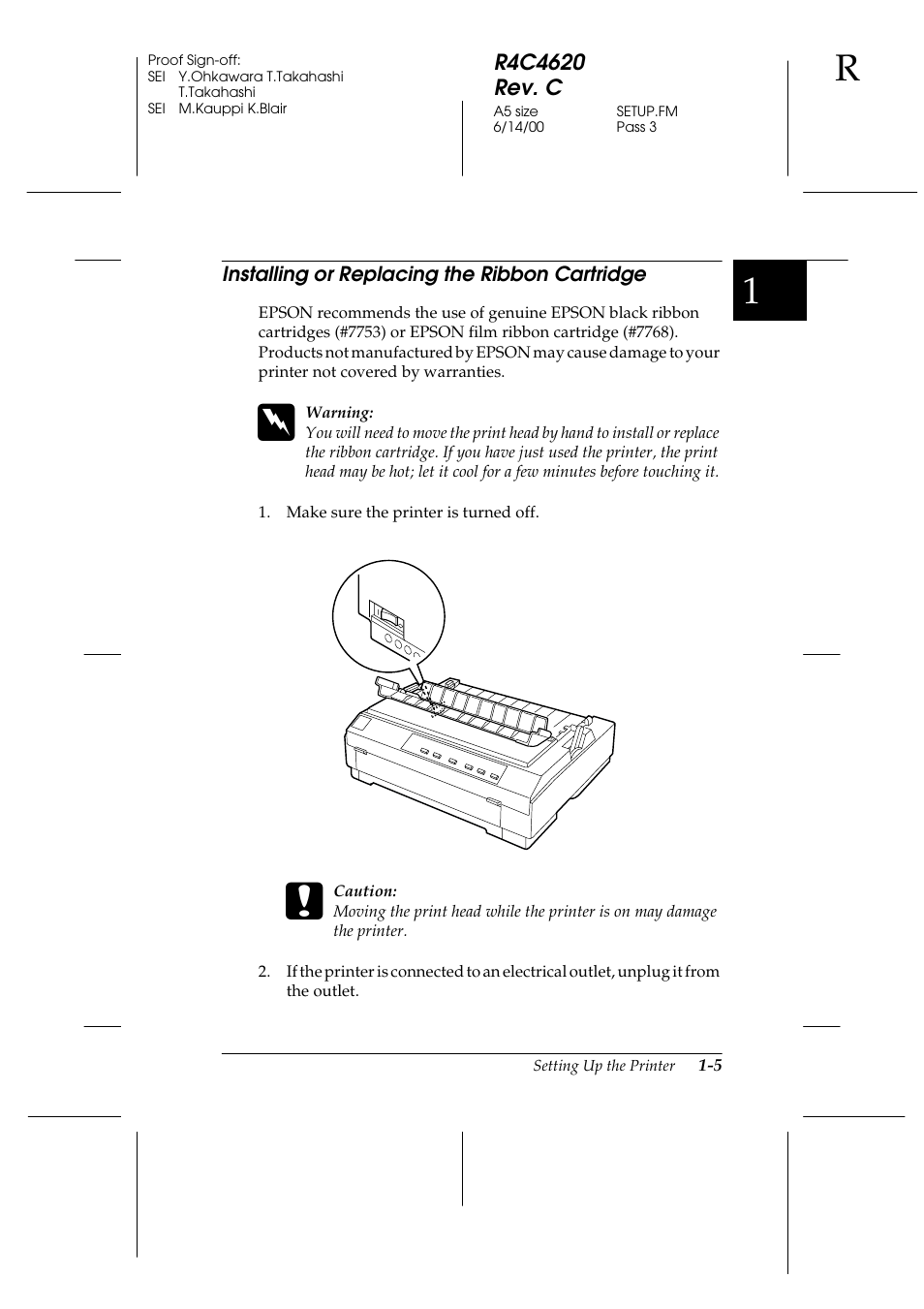 Installing or replacing the ribbon cartridge, Installing or replacing the ribbon cartridge -5 | Epson 24-Pin User Manual | Page 29 / 249
