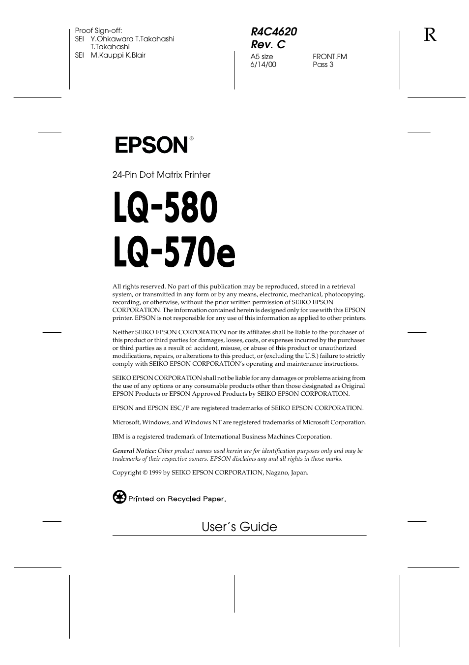 Copyright, User’s guide | Epson 24-Pin User Manual | Page 3 / 249