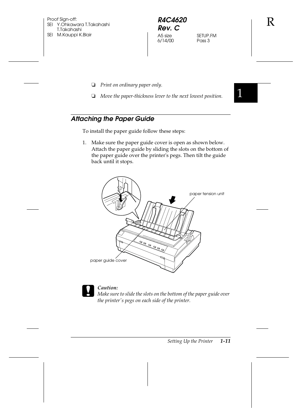 Attaching the paper guide, Attaching the paper guide -11 | Epson 24-Pin User Manual | Page 35 / 249
