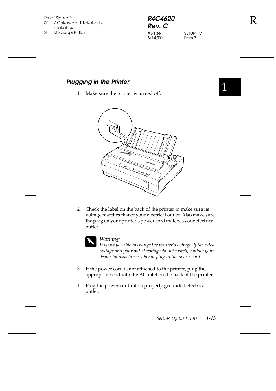 Plugging in the printer, Plugging in the printer -13 | Epson 24-Pin User Manual | Page 37 / 249