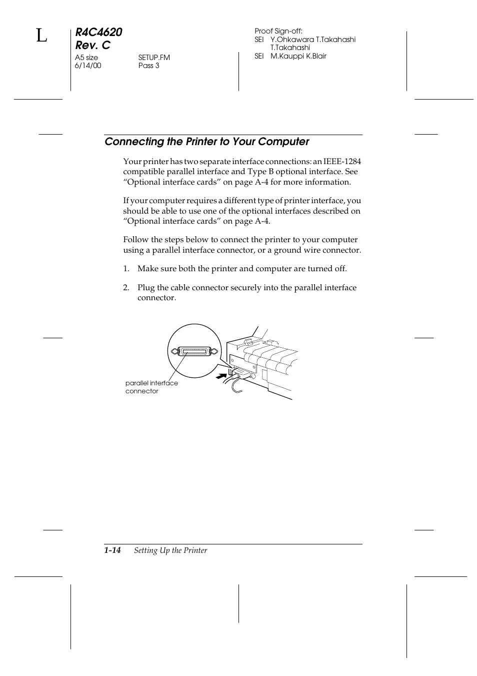 Connecting the printer to your computer, Connecting the printer to your computer -14 | Epson 24-Pin User Manual | Page 38 / 249