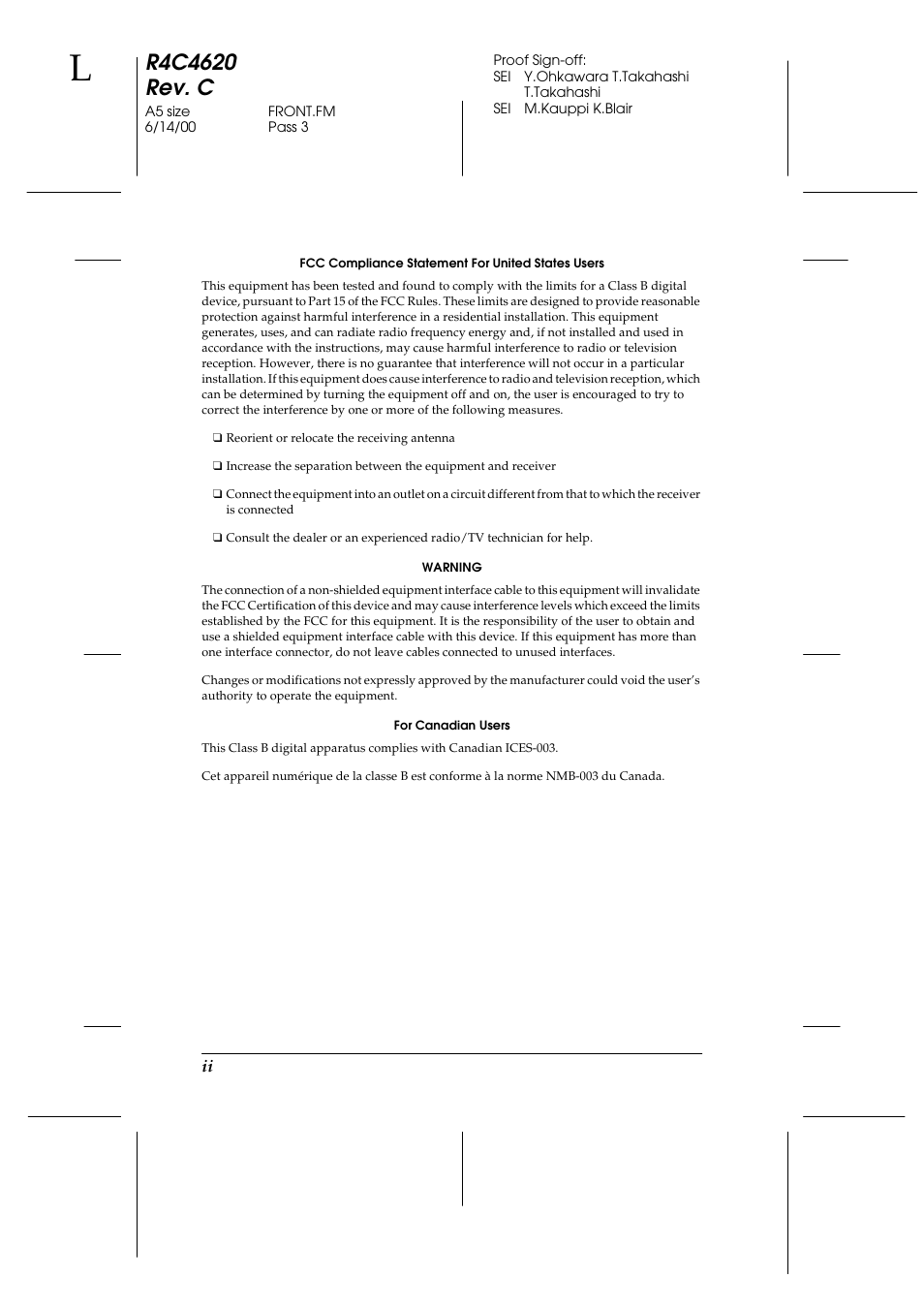 Fcc compliance statement for united states users, Warning, For canadian users | Epson 24-Pin User Manual | Page 4 / 249