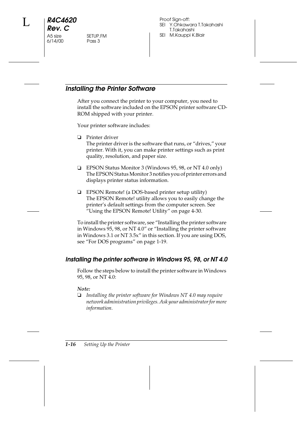 Installing the printer software, Installing the printer software -16, Installing the printer software in windows 95, 98 | Or nt 4.0 -16 | Epson 24-Pin User Manual | Page 40 / 249