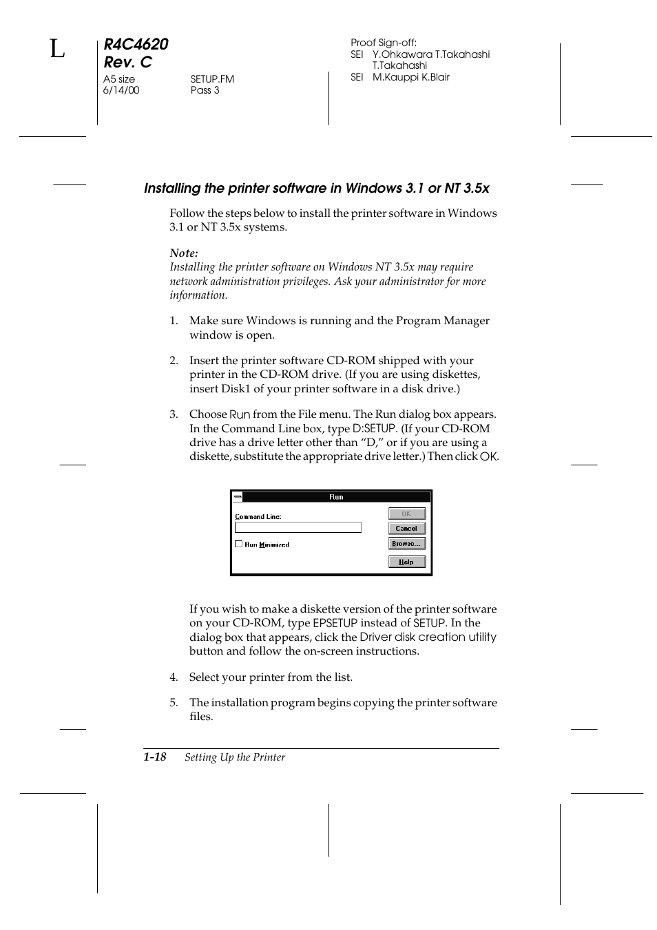 Installing the printer software in windows 3.1, Or nt 3.5x -18 | Epson 24-Pin User Manual | Page 42 / 249