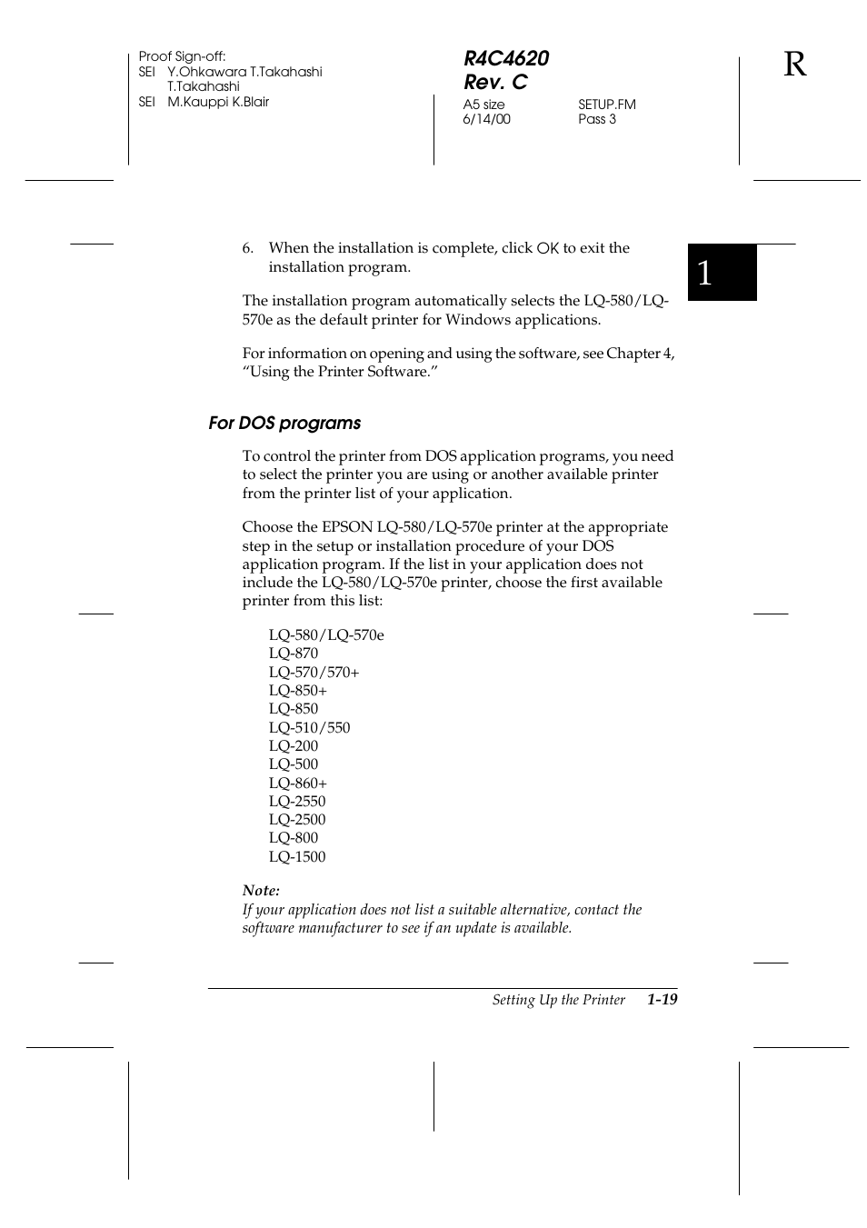 For dos programs, For dos programs -19, Ading single sheets in the top paper slot -8 | Epson 24-Pin User Manual | Page 43 / 249