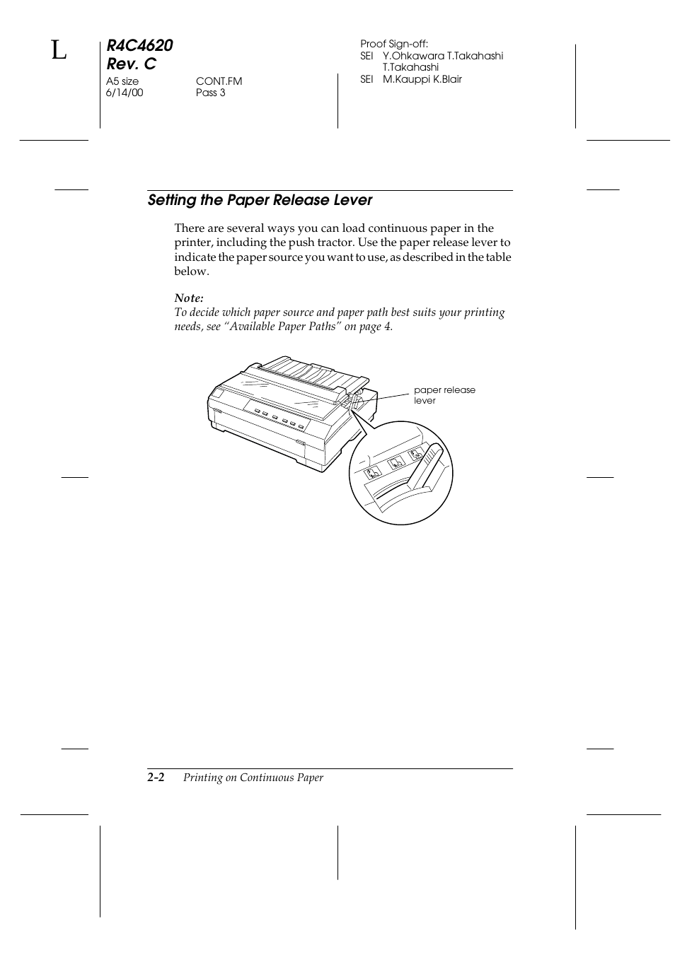 Setting the paper release lever, Setting the paper release lever -2 | Epson 24-Pin User Manual | Page 46 / 249