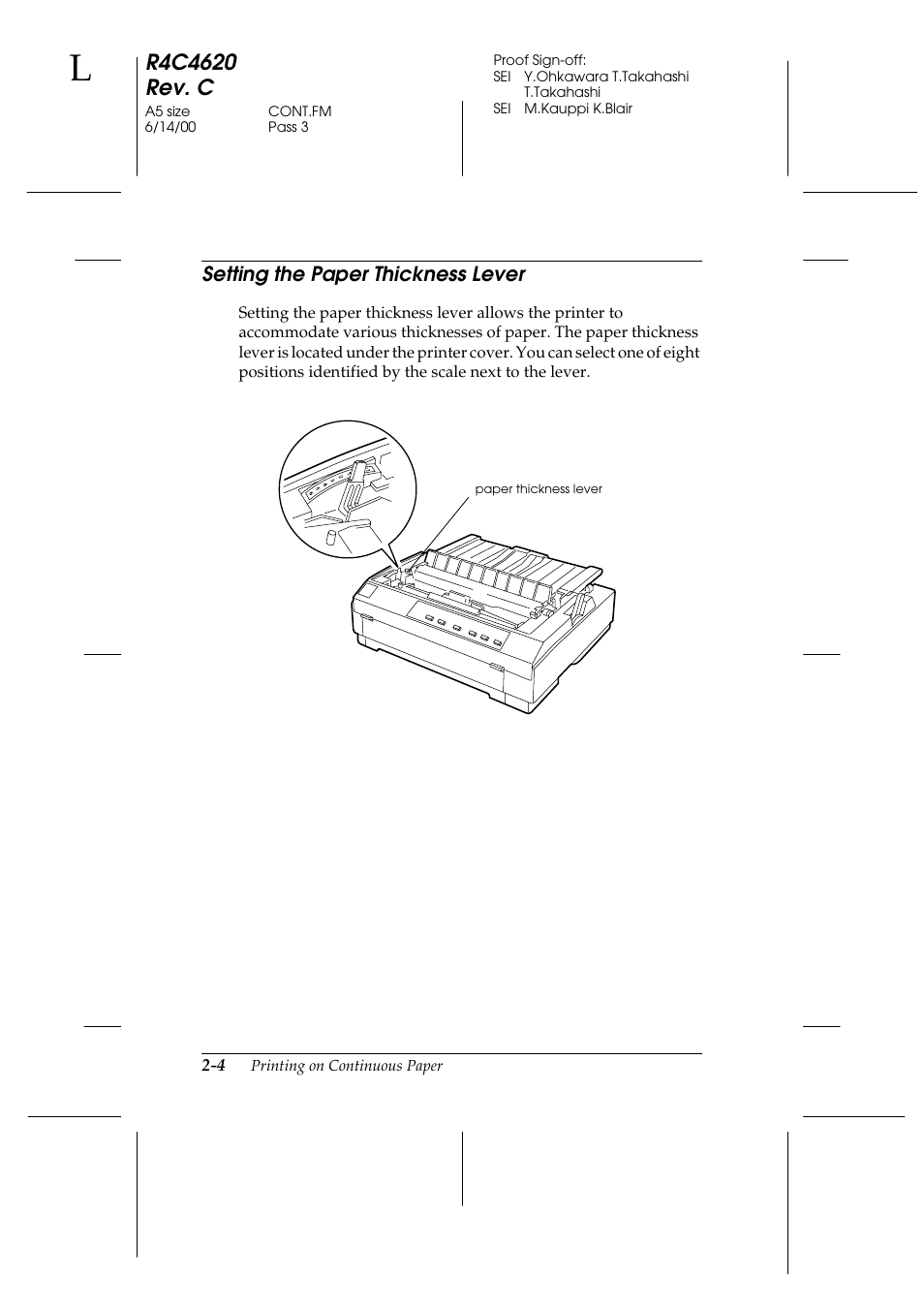 Setting the paper thickness lever, Setting the paper thickness lever -4 | Epson 24-Pin User Manual | Page 48 / 249