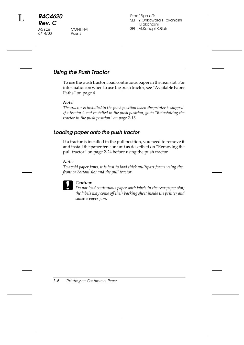 Using the push tractor, Loading paper onto the push tractor, Using the push tractor -6 | Loading paper onto the push tractor -6 | Epson 24-Pin User Manual | Page 50 / 249