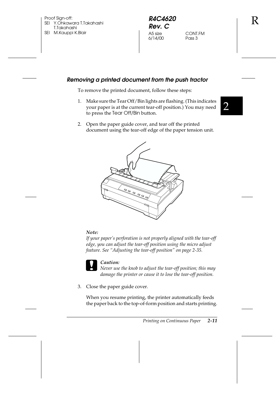 Removing a printed document from the push tractor | Epson 24-Pin User Manual | Page 55 / 249