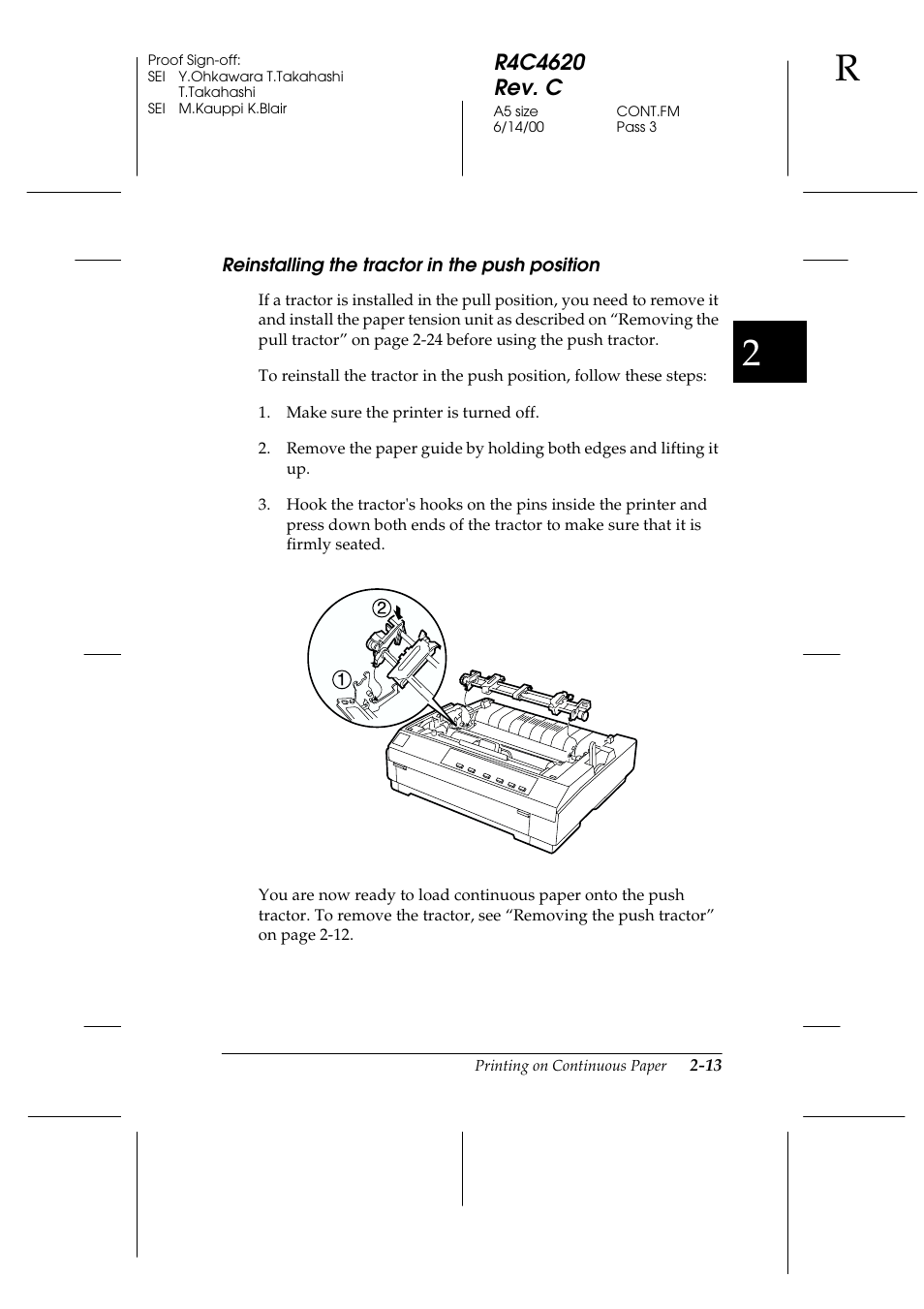 Reinstalling the tractor in the push position, Reinstalling the tractor in the push position -13 | Epson 24-Pin User Manual | Page 57 / 249