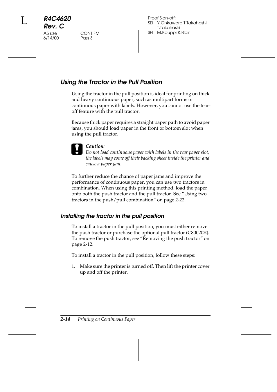 Using the tractor in the pull position, Installing the tractor in the pull position, Using the tractor in the pull position -14 | Installing the tractor in the pull position -14 | Epson 24-Pin User Manual | Page 58 / 249