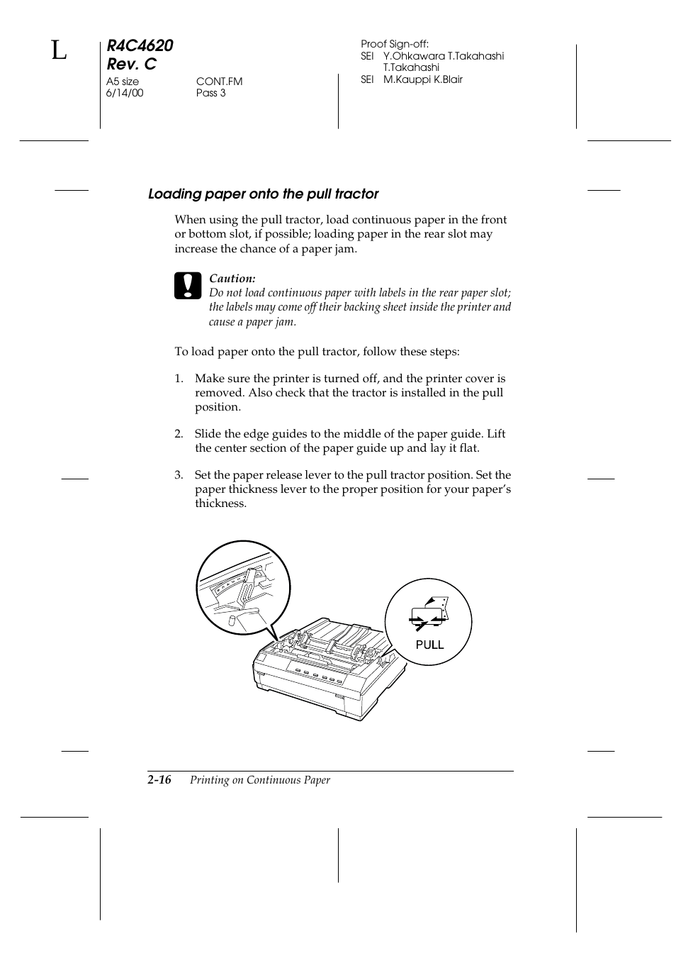 Loading paper onto the pull tractor, Loading paper onto the pull tractor -16 | Epson 24-Pin User Manual | Page 60 / 249