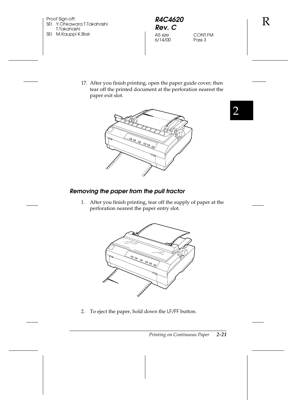 Removing the paper from the pull tractor, Removing the paper from the pull tractor -21 | Epson 24-Pin User Manual | Page 65 / 249