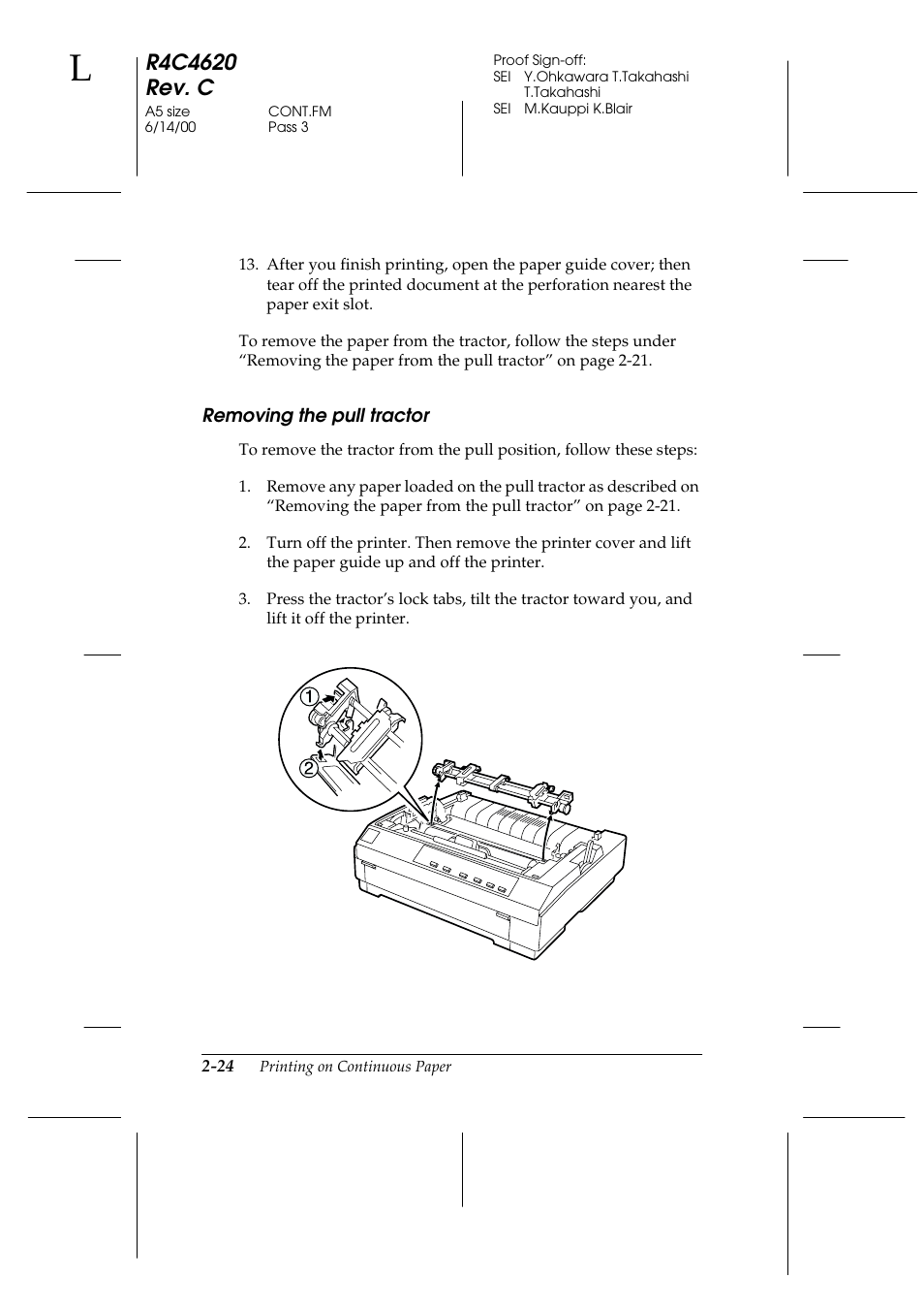 Removing the pull tractor, Removing the pull tractor -24 | Epson 24-Pin User Manual | Page 68 / 249