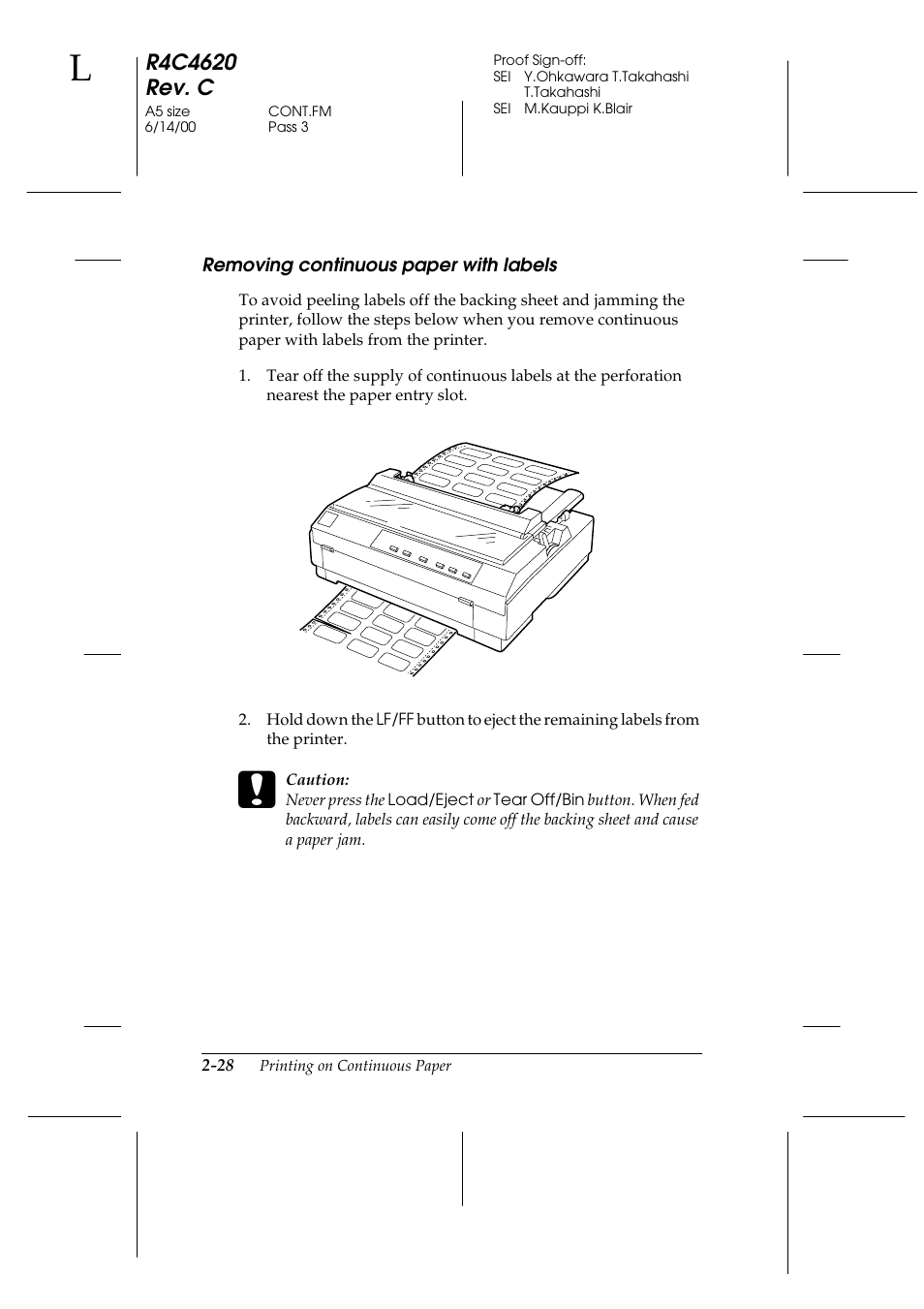 Removing continuous paper with labels, Removing continuous paper with labels -28 | Epson 24-Pin User Manual | Page 72 / 249