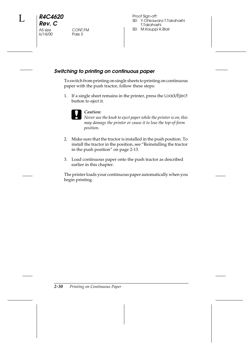 Switching to printing on continuous paper, Switching to printing on continuous paper -30 | Epson 24-Pin User Manual | Page 74 / 249