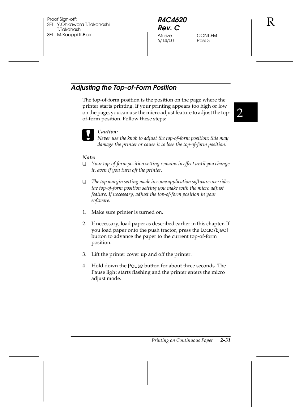 Adjusting the top-of-form position, Adjusting the top-of-form position -31 | Epson 24-Pin User Manual | Page 75 / 249