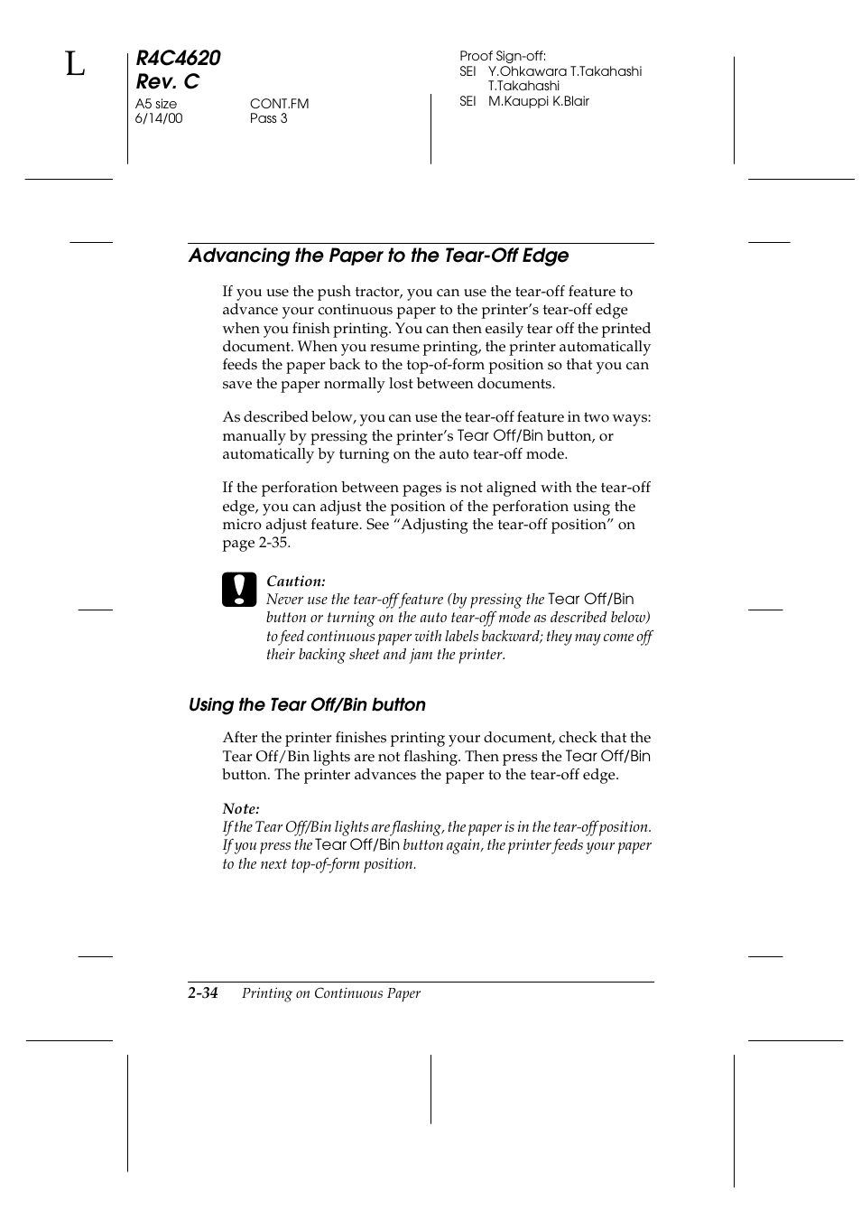 Advancing the paper to the tear-off edge, Using the tear off/bin button, Advancing the paper to the tear-off edge -34 | Using the tear off/bin button -34 | Epson 24-Pin User Manual | Page 78 / 249