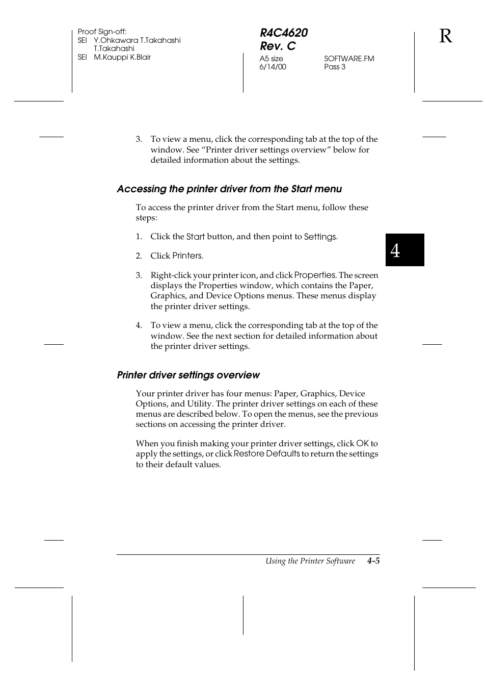 Accessing the printer driver from the start menu, Printer driver settings overview | Epson 24-Pin User Manual | Page 99 / 249