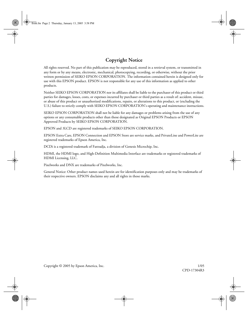 Copyright notice | Epson 500 User Manual | Page 2 / 84