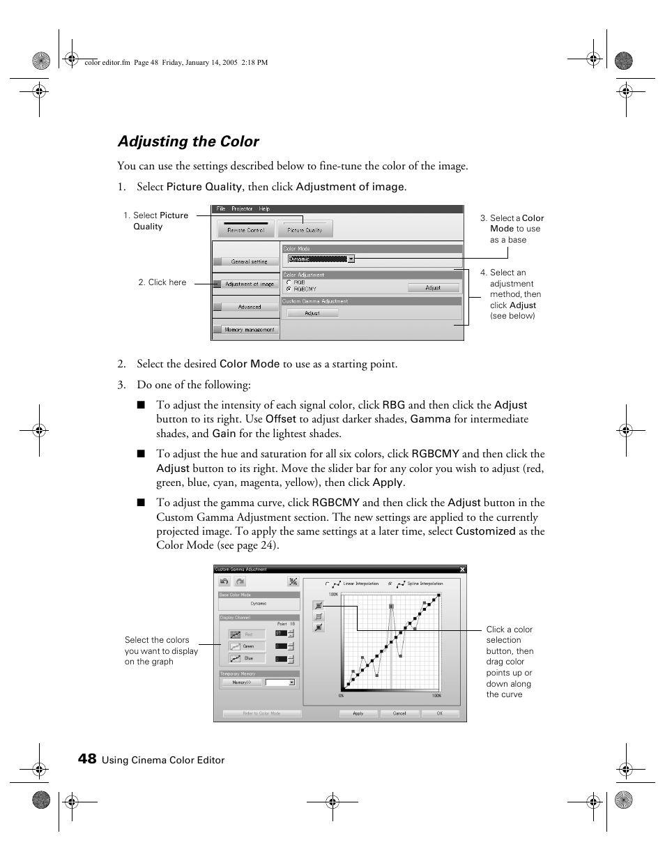 Adjusting the color | Epson 500 User Manual | Page 48 / 84