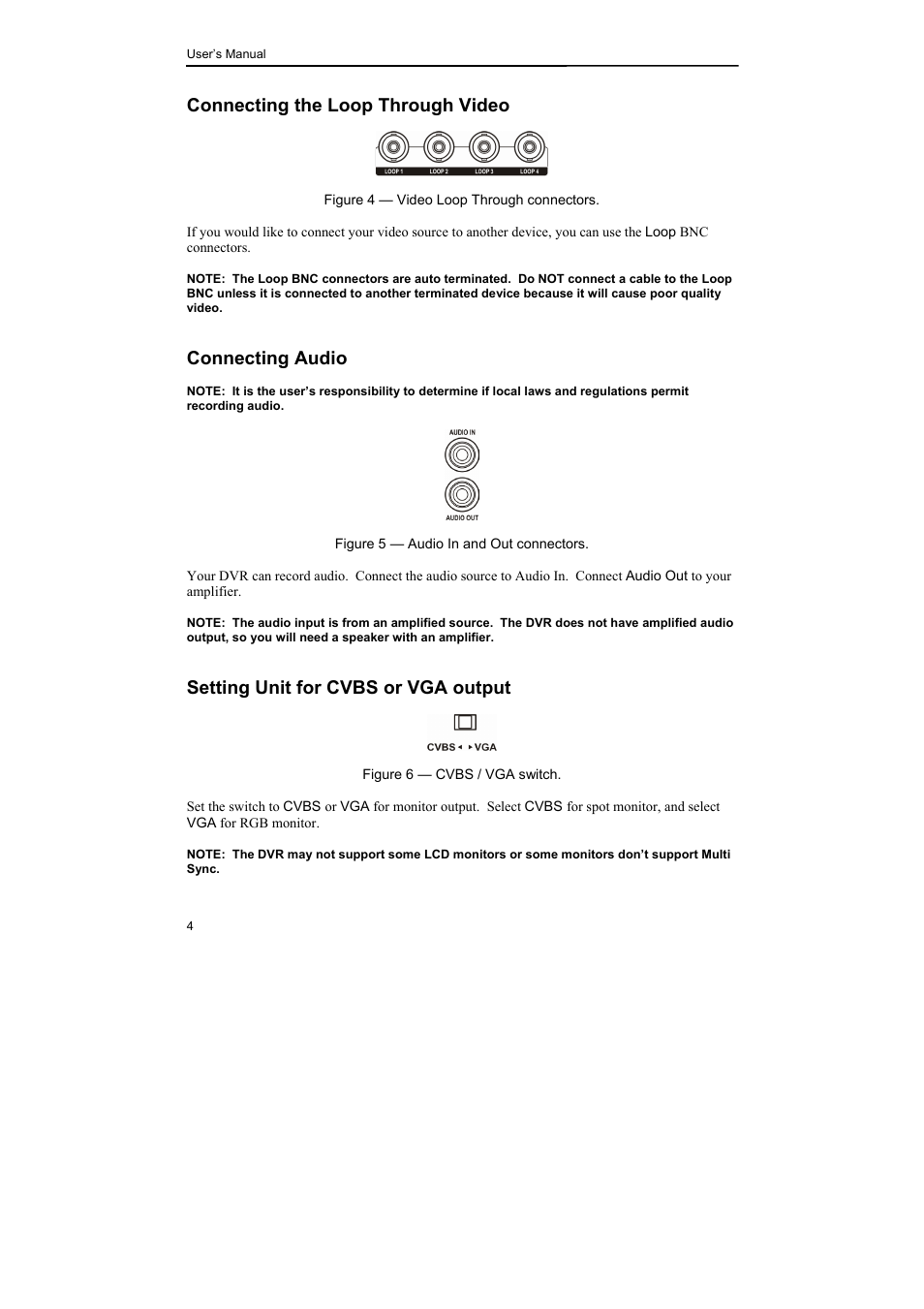 Connecting the loop through video, Connecting audio, Setting unit for cvbs or vga output | Epson DX-TL4E User Manual | Page 16 / 57