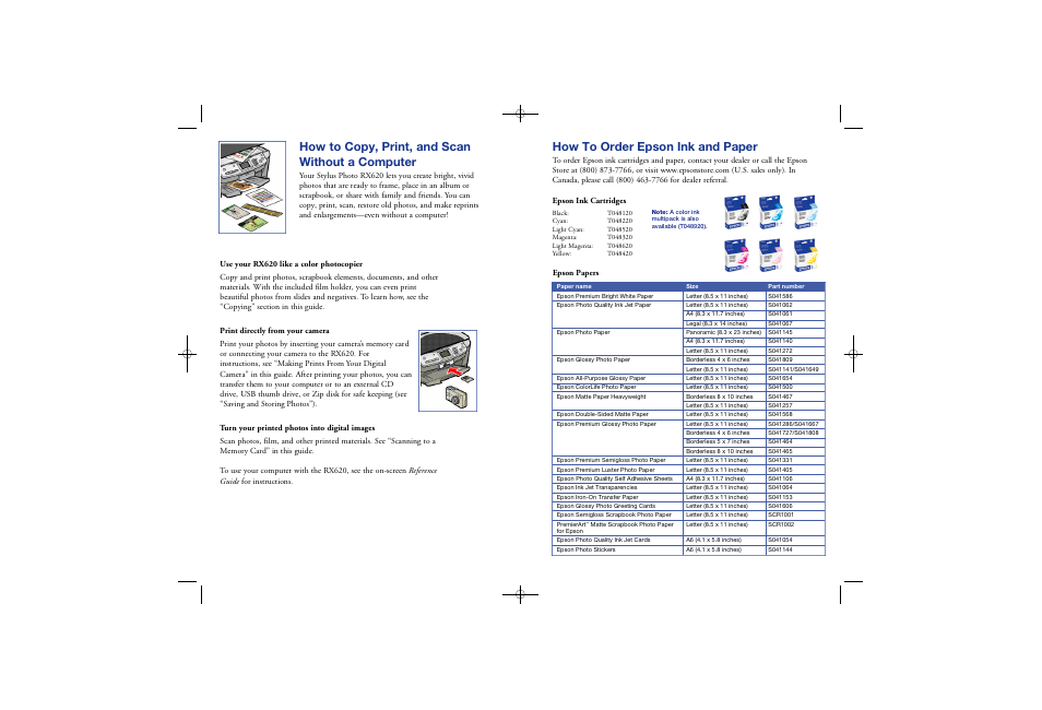 How to copy, print, and scan without a computer, How to order epson ink and paper | Epson RX620 User Manual | Page 89 / 90