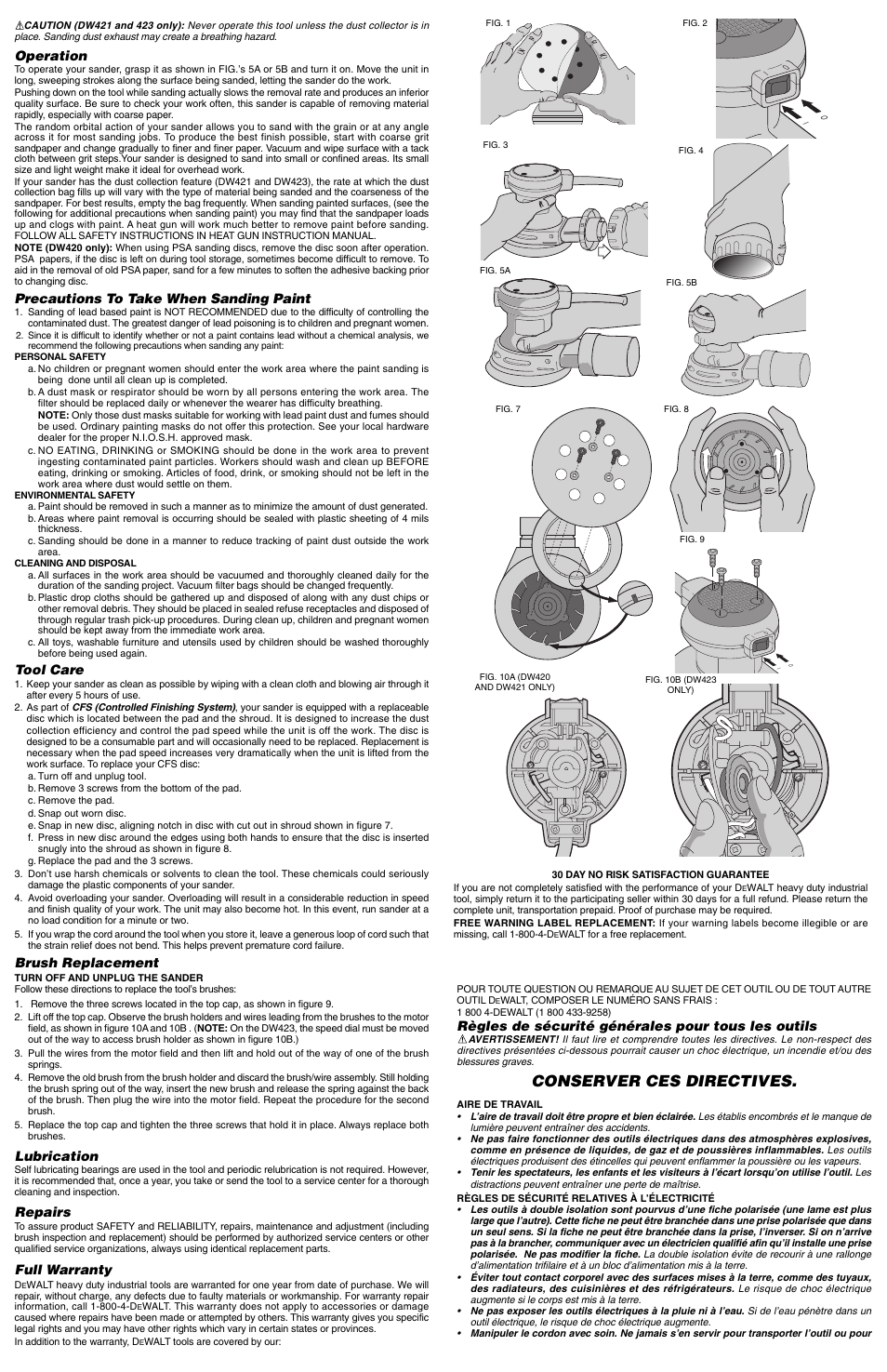 Conserver ces directives, Operation, Precautions to take when sanding paint | Tool care, Brush replacement, Lubrication, Repairs, Full warranty, Règles de sécurité générales pour tous les outils | Epson DW420 User Manual | Page 2 / 5