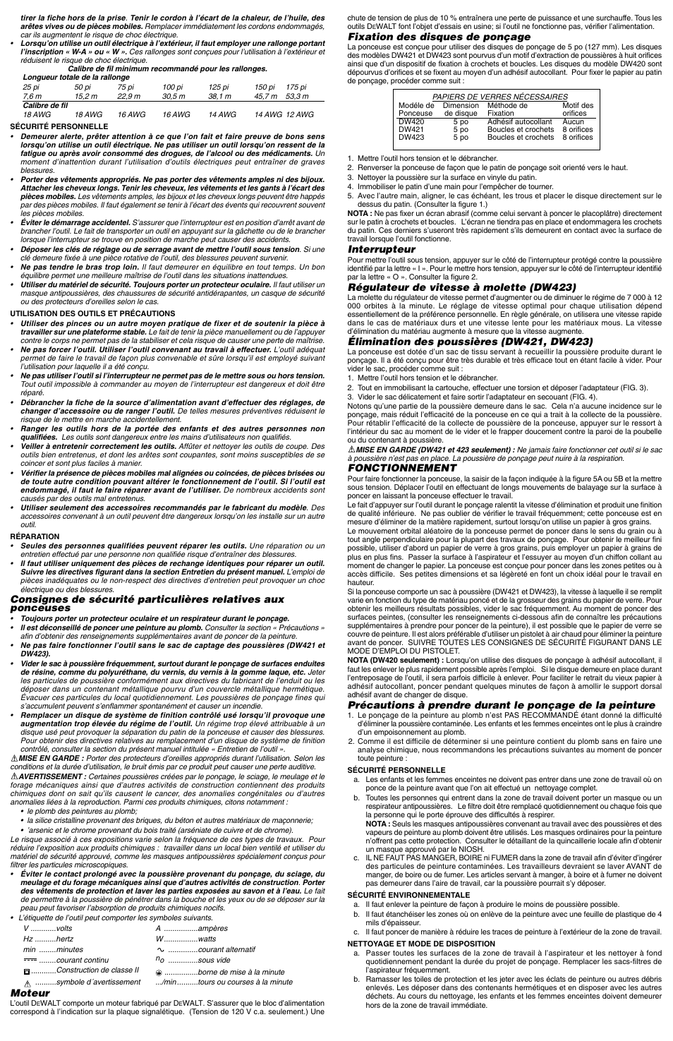 Moteur, Fixation des disques de ponçage, Interrupteur | Régulateur de vitesse à molette (dw423), Fonctionnement | Epson DW420 User Manual | Page 3 / 5