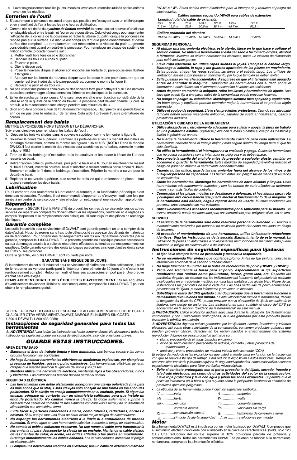 Guarde estas instrucciones, Entretien de l’outil, Remplacement des balais | Lubrification, Réparations, Garantie complète, Motor | Epson DW420 User Manual | Page 4 / 5