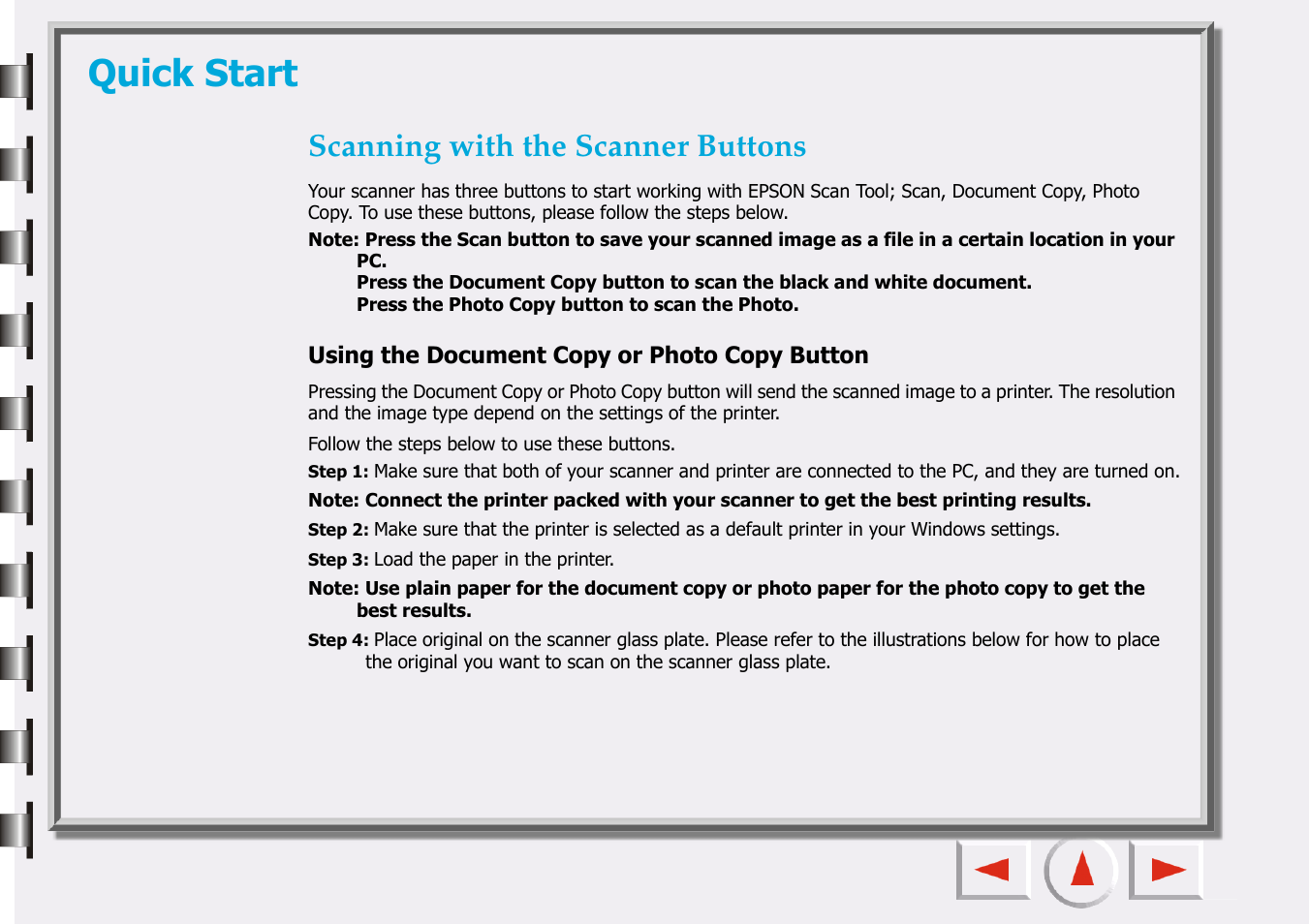 Quick start, Scanning with the scanner buttons | Epson 660 User Manual | Page 3 / 92