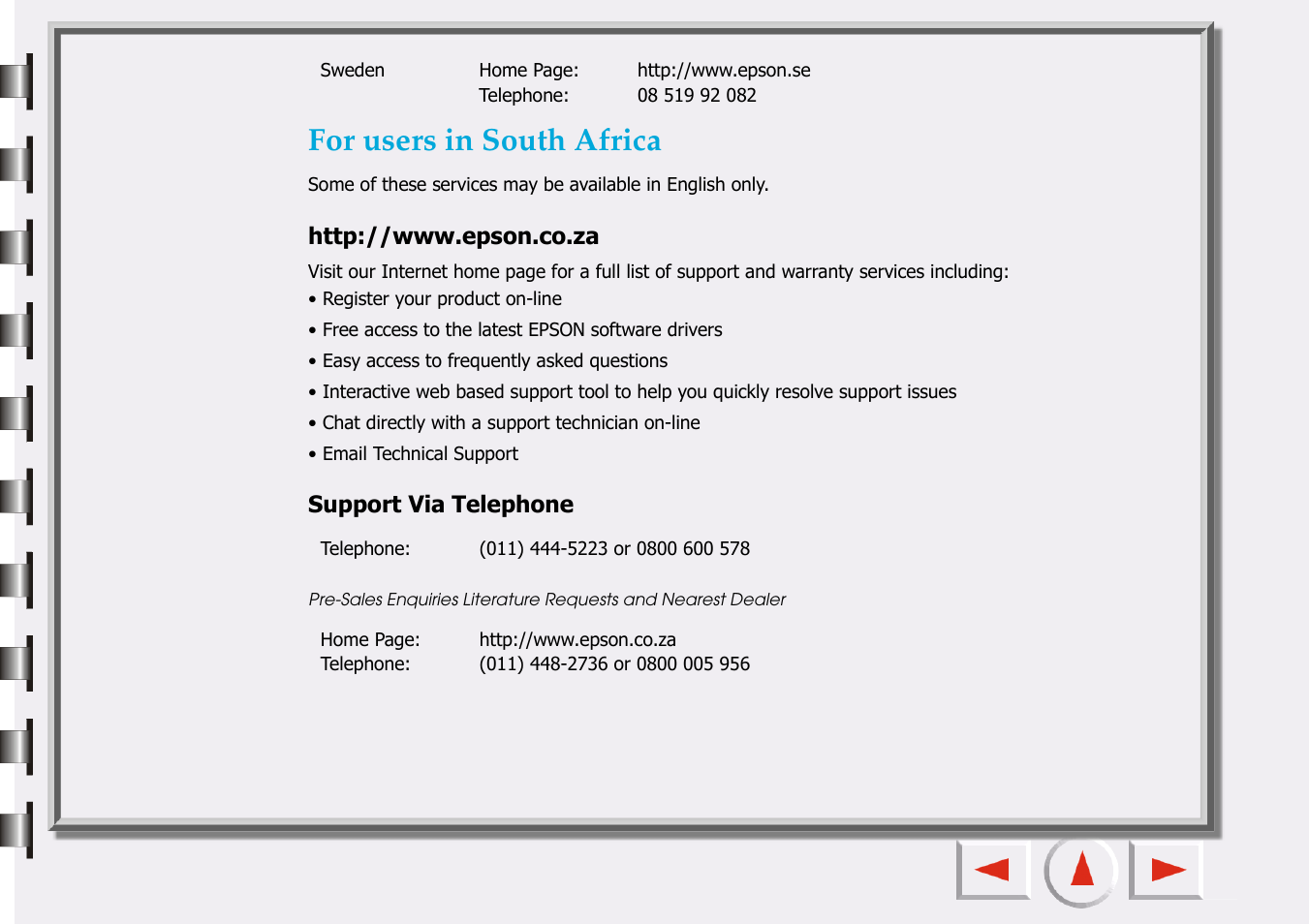 For users in south africa | Epson 660 User Manual | Page 78 / 92