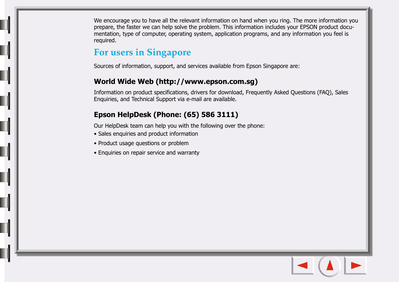 For users in singapore | Epson 660 User Manual | Page 80 / 92