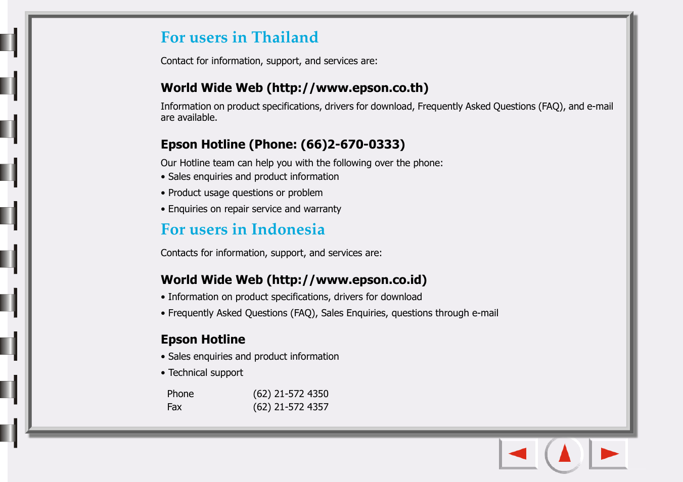 For users in thailand, For users in indonesia | Epson 660 User Manual | Page 81 / 92