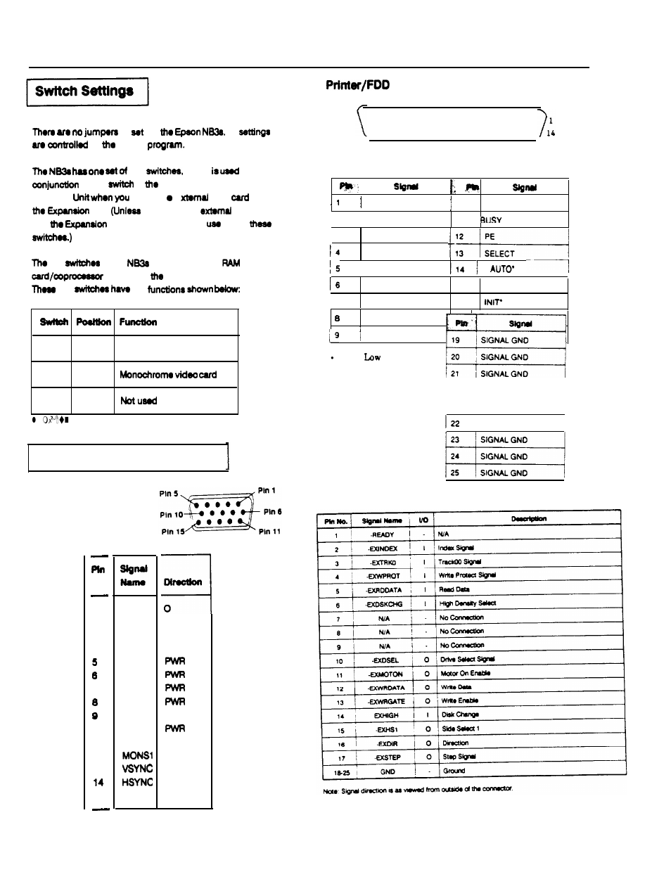 Switch settings, Connector pin assignments, Vga video connector | Epson nb3s, Pin assignments, Connector, Pin assignments for the parallel port, Pin assignments for the external fdd, Computers | Epson NB3s User Manual | Page 4 / 7