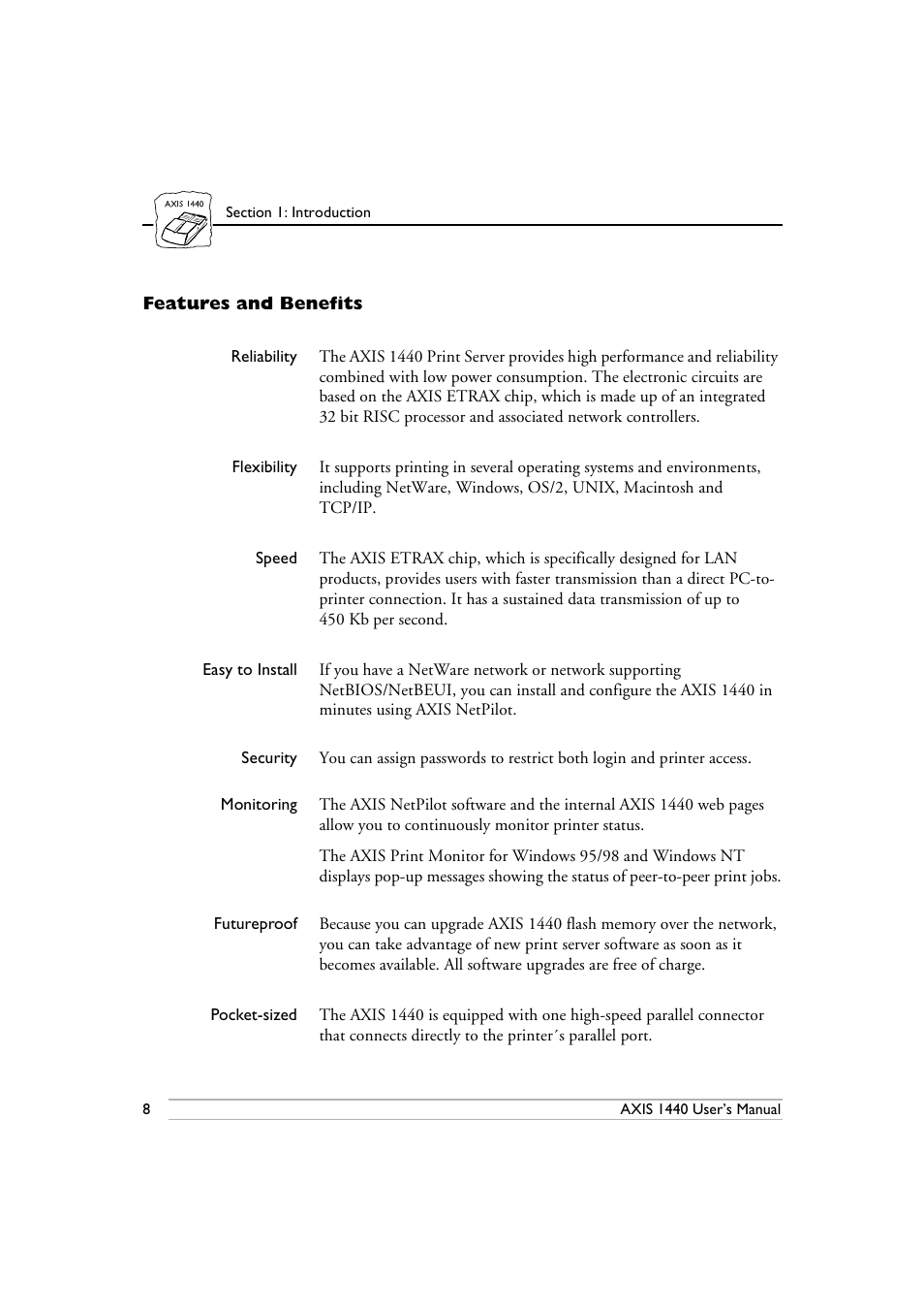 Features and benefits, Reliability, Flexibility | Speed, Easy to install, Security, Monitoring, Futureproof, Pocket-sized | Epson 1440 User Manual | Page 18 / 100