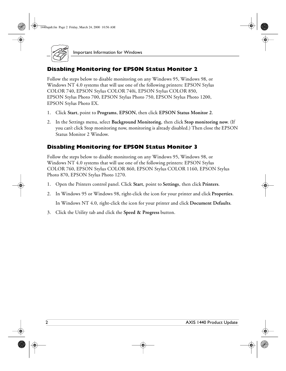 Disabling monitoring for epson status monitor 2, Disabling monitoring for epson status monitor 3 | Epson 1440 User Manual | Page 2 / 100