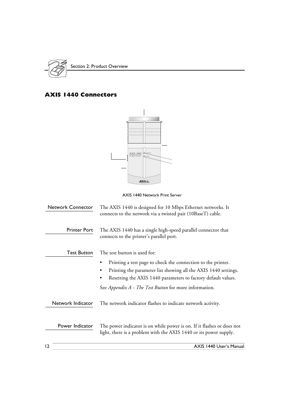 Axis 1440 connectors, Network connector, Printer port | Test button, Network indicator, Power indicator | Epson 1440 User Manual | Page 22 / 100