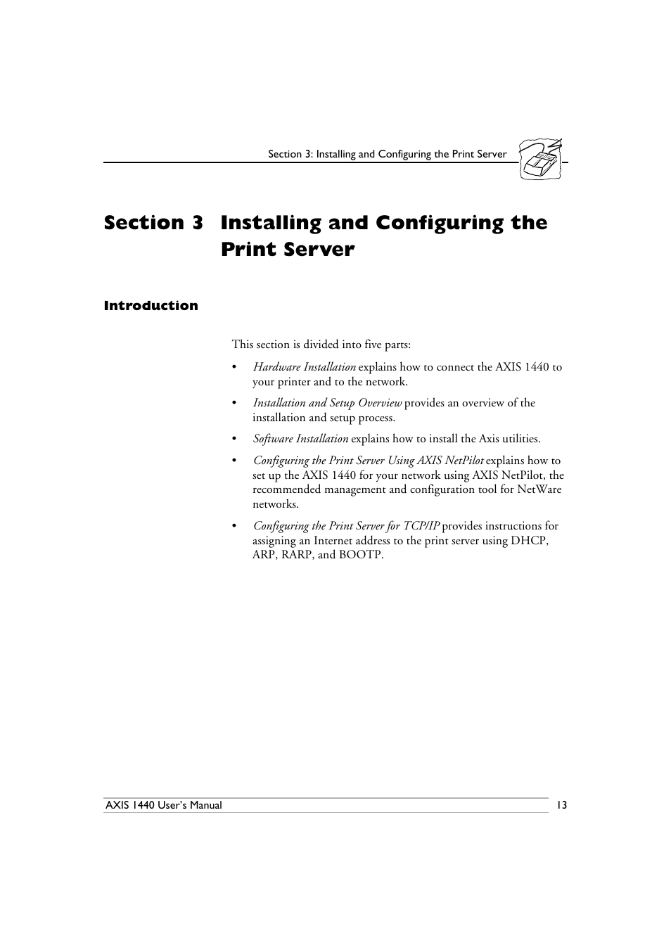 Introduction, Section 3, Installing and configuring the print server | Epson 1440 User Manual | Page 23 / 100