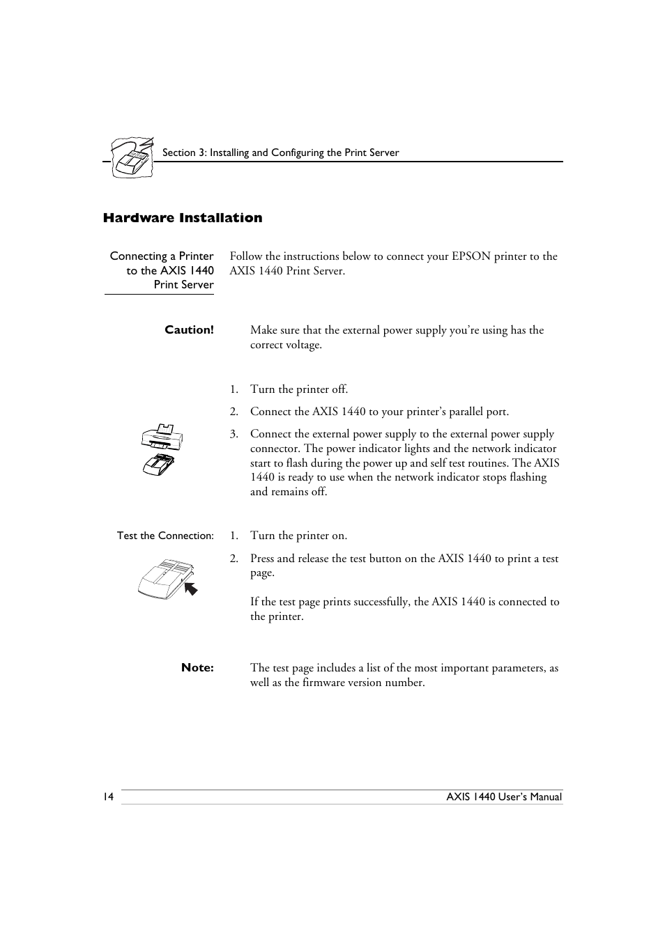 Hardware installation, Connecting a printer to the axis 1440 print server | Epson 1440 User Manual | Page 24 / 100